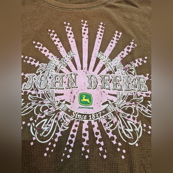 John Deere Women's XL Thermal Graphic Shirt Pink Brown Rhinestone Long Sleeve - Picture 2 of 8